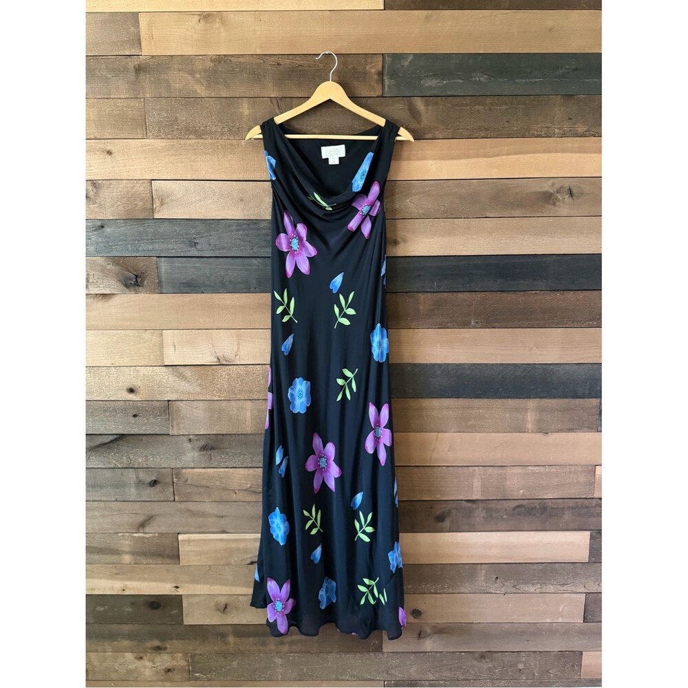 Vintage 1990s Caché Black Floral Rayon Maxi Dress Cowl Neck Sleeveless Medium